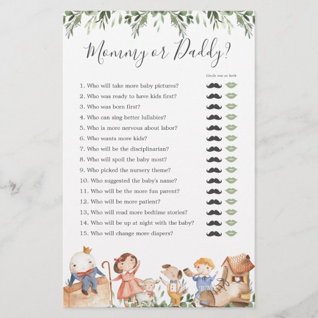 Nursery Rhymes Baby Shower Mummy or Daddy Game (Front)