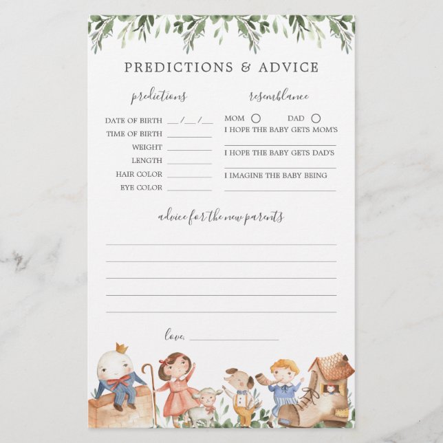 Nursery Rhymes Baby Shower Predictions and Advice (Front)