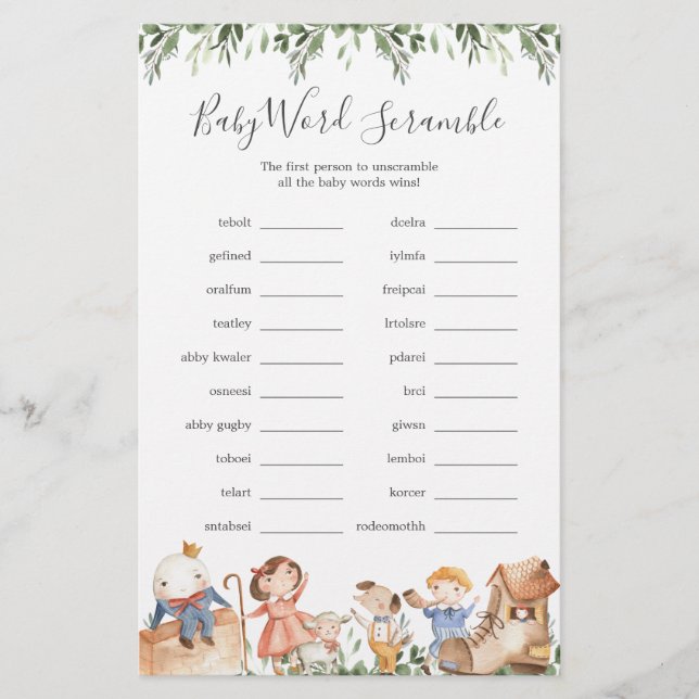 Nursery Rhymes Baby Shower Word Scramble Game (Front)