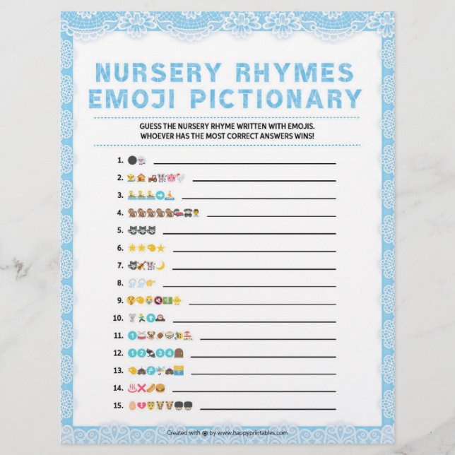 Nursery Rhymes Emoji Pictionary [Luxury Lace [Blue Custom Letterhead (Front)