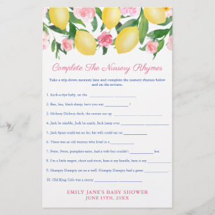 Nursery Rhymes Game Card For Lemons Baby Shower
