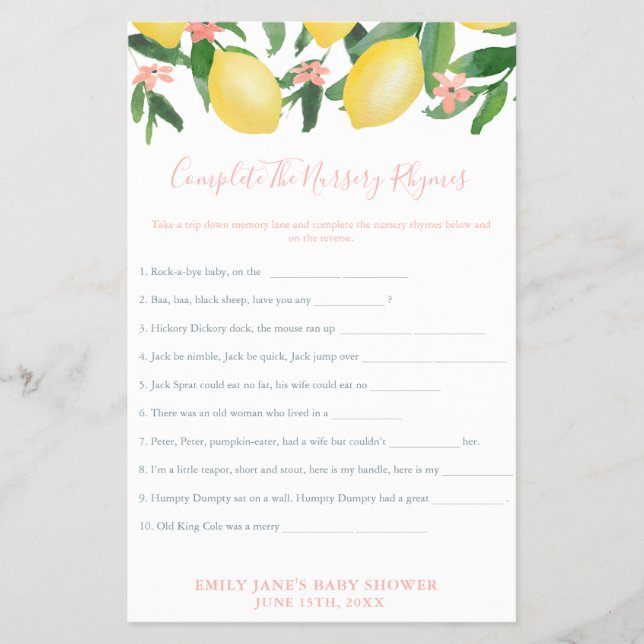 Nursery Rhymes Girl Lemons Baby Shower Game Card (Front)