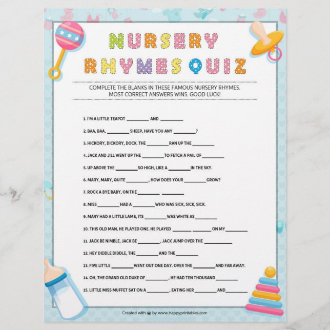 Nursery Rhymes Quiz [Baby Basics Blue] Custom Letterhead (Front)