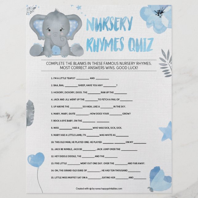 Nursery Rhymes Quiz [Baby Elephant [Blue]] Custom Letterhead (Front)