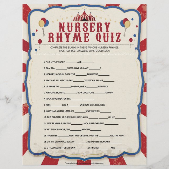 Nursery Rhymes Quiz [Circus Theme] Custom Letterhead (Front)