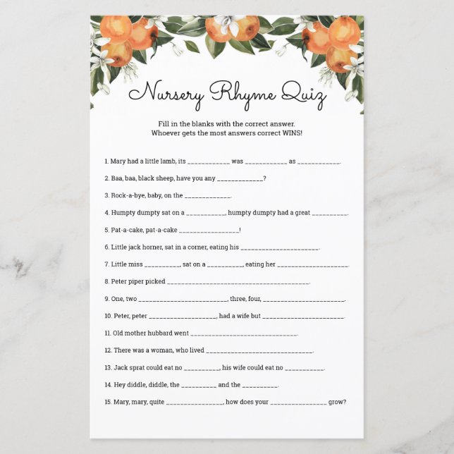 Nursery Rhymes Quiz Cutie Baby Shower Game Cards (Front)