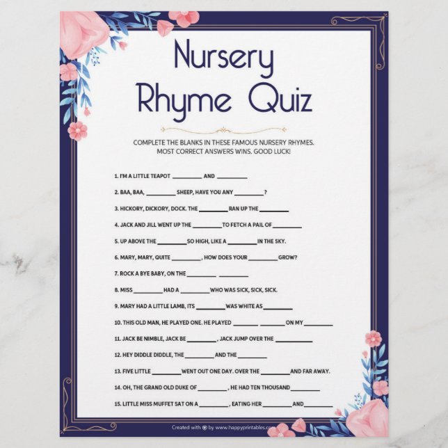 Nursery Rhymes Quiz [Floral Frame] Custom Letterhead (Front)