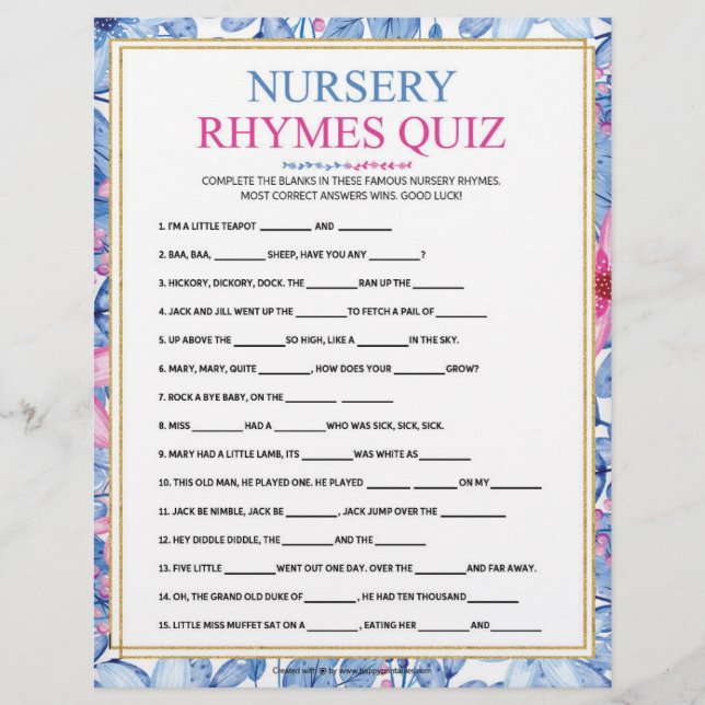 Nursery Rhymes Quiz [Floral Watercolors] Custom Letterhead (Front)