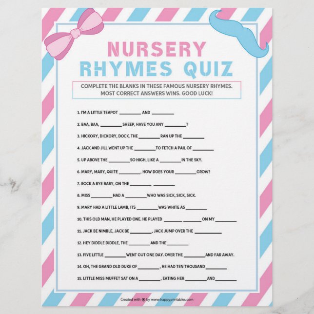 Nursery Rhymes Quiz [Gender Surprise] Custom Letterhead (Front)