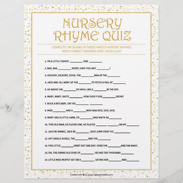 Nursery Rhymes Quiz [Golden Sparkles] Custom Letterhead (Front)