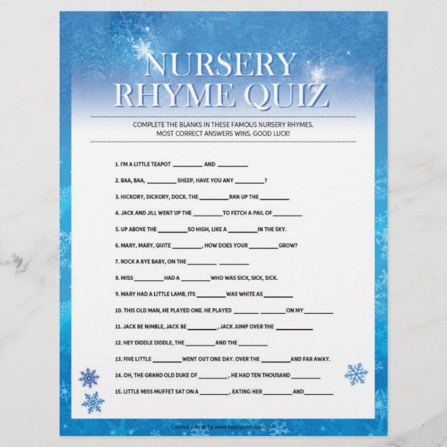 Nursery Rhymes Quiz [Snowy Blue] Custom Letterhead (Front)