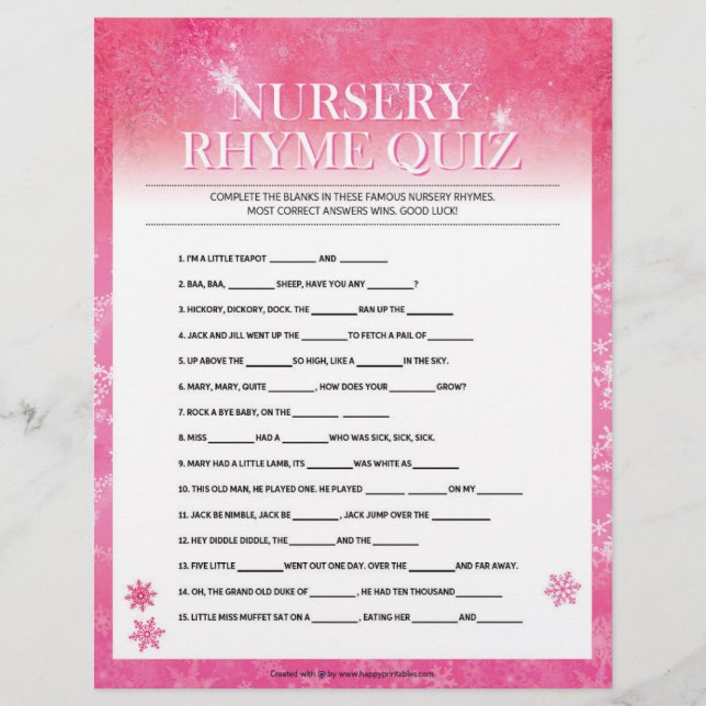 Nursery Rhymes Quiz [Snowy Pink] Custom Letterhead (Front)
