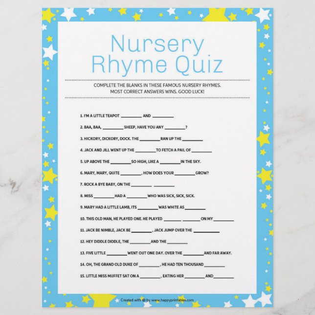 Nursery Rhymes Quiz [Starry Night Blue] Custom Letterhead (Front)