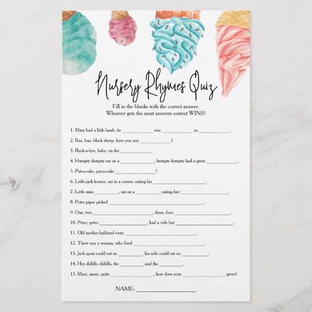 Nursery Rhymes Quiz What's the Scoop Baby Shower (Front)
