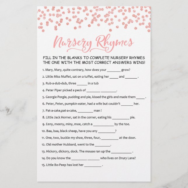 Nursery Rhymes with Answers Baby Shower Party Game (Front)