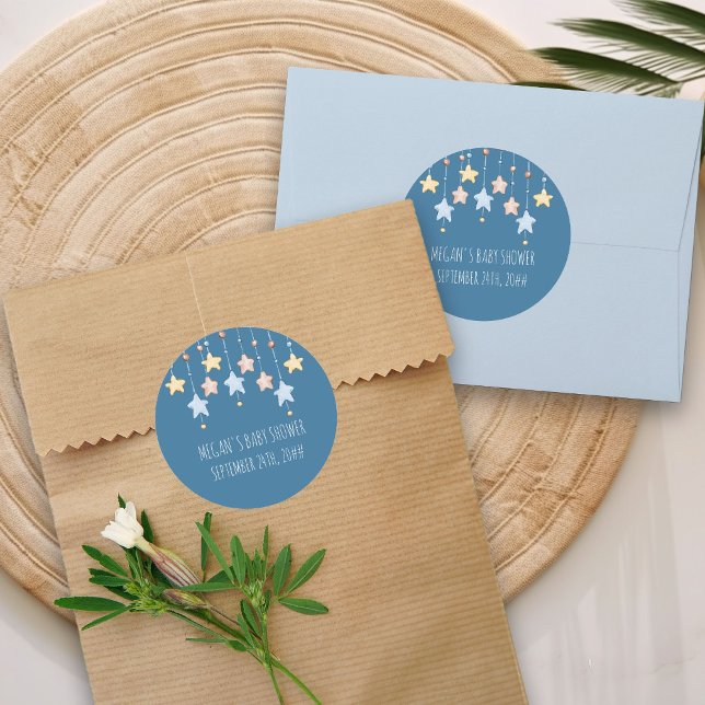 Nursery Stars Blue Personalised Baby Shower Classic Round Sticker (Blue Stickers from my Twinkle Twinkle baby shower collection)
