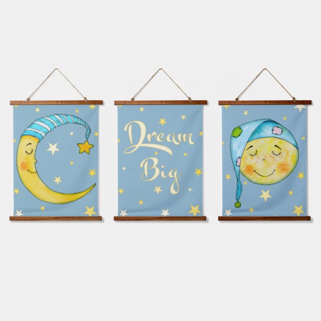 Nursery Wall Art Moon Stars Yellow Blue Tapestry (Triple)