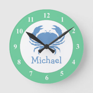 Nursery wall clock with blue crab and baby name