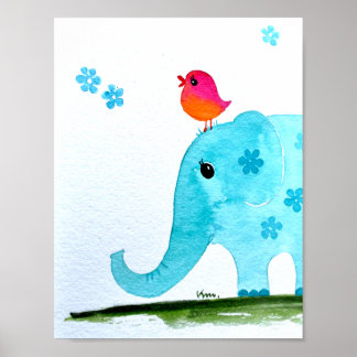 Nursery wallart_ watercolor Elephant and pink bird Poster