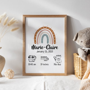 Nursery watercolor boho rainbow birth stats poster