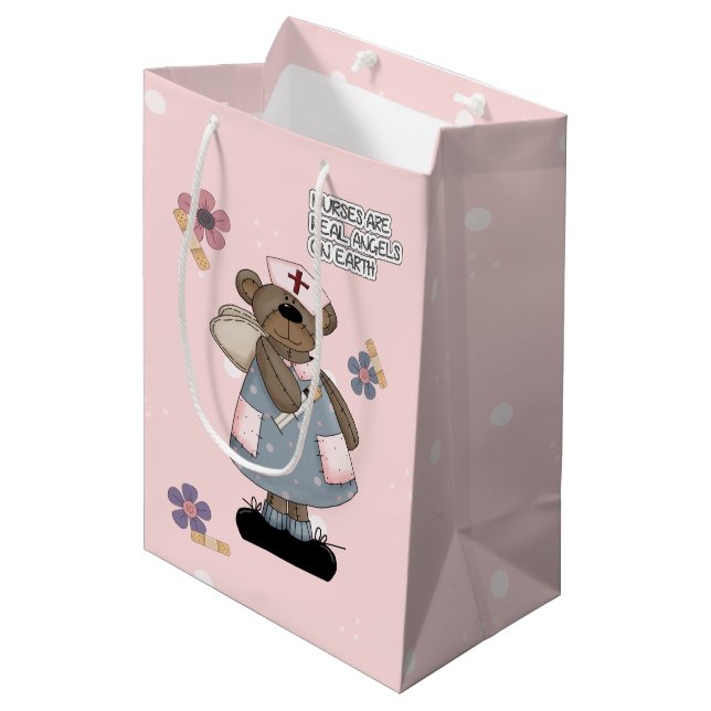 Nurses are Real Angels Cute Teddy Bear Custom Name Medium Gift Bag (Front Angled)