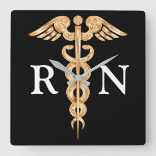Nurse's Caduceus Black and Gold Wall Clock