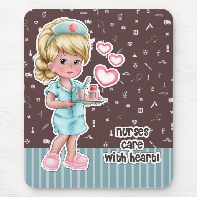 Nurses care with Heart. Cute Blonde Nurse Mouse Mat (Front)