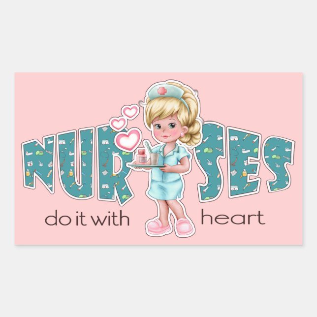 Nurses care with Heart.  Cute Blonde Nurse Rectangular Sticker (Front)