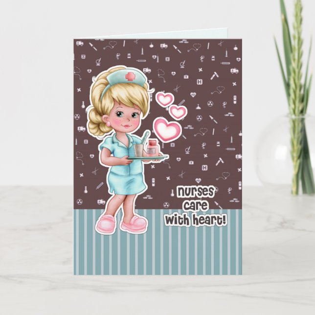 Nurses care with heart. Cute Blonde Nurse Thank You Card (Front)