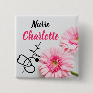 Nurses Custom Name Pink Daisy Floral  15 Cm Square Badge