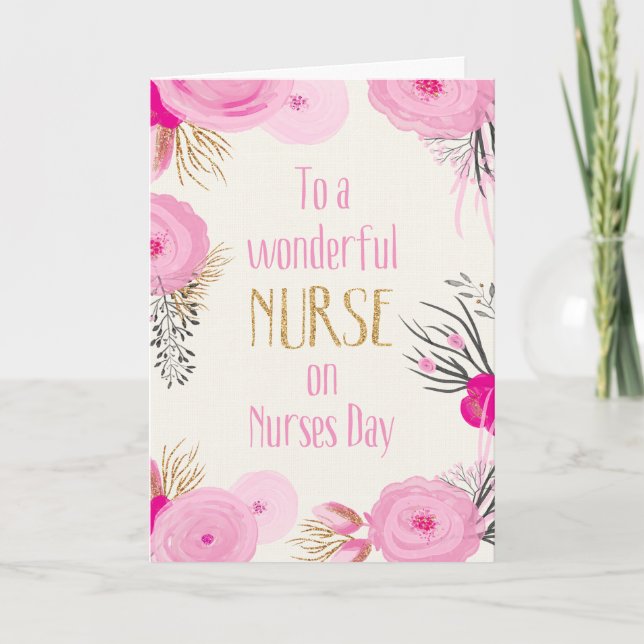 Nurses Day - Pretty Pink Flowers and Gold Sparkle Card (Front)