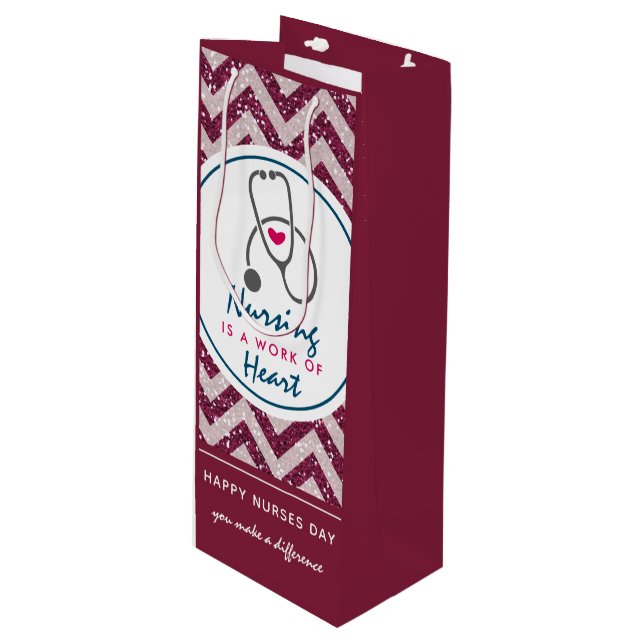 Nurses Day Stethoscope on Red Chevron Wine Gift Bag (Front Angled)