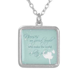 Nurses Day with Dandelion Blowing on Teal Silver Plated Necklace