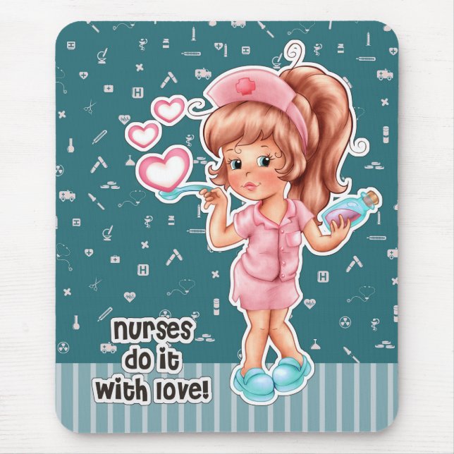 Nurses do it with Love. Cute Nurse Mouse Mat (Front)