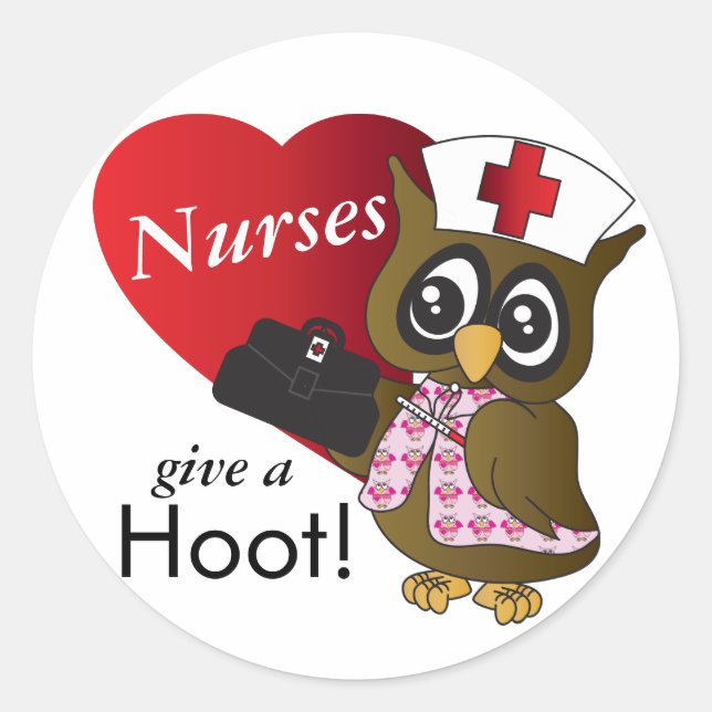 Nurses Give A Hoot Cartoon Owl Classic Round Sticker (Front)