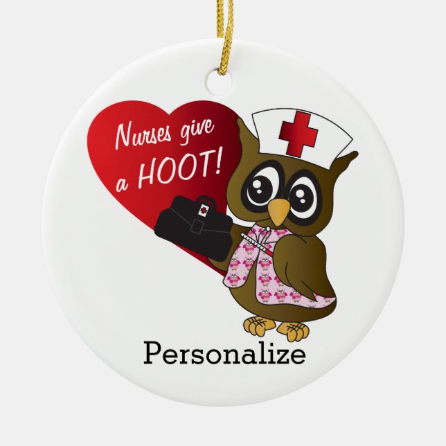 Nurses Give A Hoot! Owl Nurse Ceramic Tree Decoration (Front)