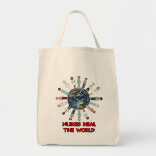 Nurses Heal the World Red Text and Globe Tote Bag