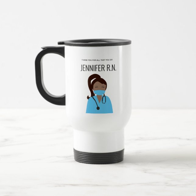 Nurse's Journey: Customisable Brunette Nurse Trave Travel Mug (Left)
