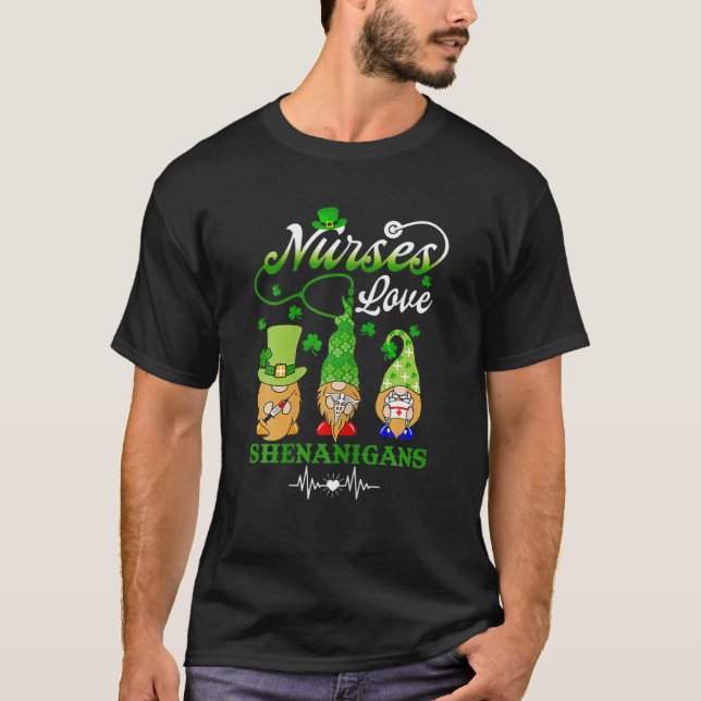 Nurses Love Shenanigans, Funny Gnomes St. Patrick' T-Shirt (Front)