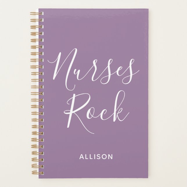 Nurses Rock Purple and White Script Personalised Planner (Front)