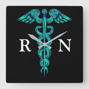 Nurse's Turquoise Caduceus Medical Square Clock