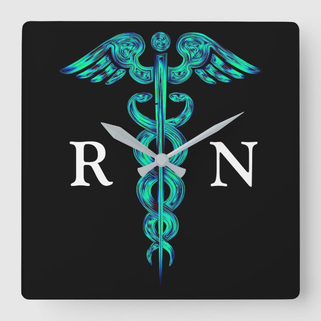 Nurse's Turquoise Caduceus Medical Square Clock (Front)