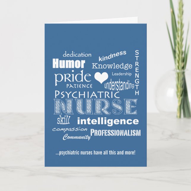 Nurses Week-Psychiatric Nurse Word Cloud-Blue Thank You Card (Front)