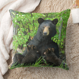 Nursing Black Bear and Twin Cubs Outdoor Cushion