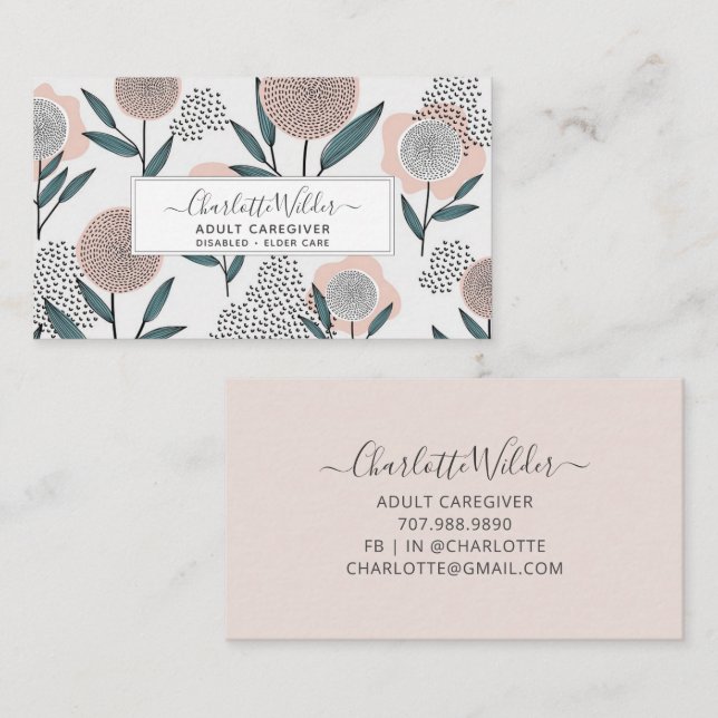 Nursing Caregiver Hand Drawn Floral Business Card (Front/Back)