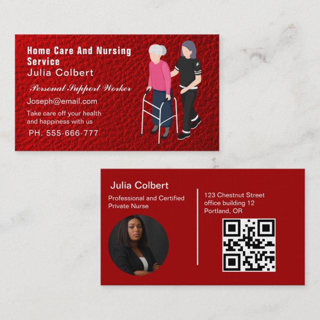 Nursing Elderly Caregiver Services Red leather Business Card (Front/Back)