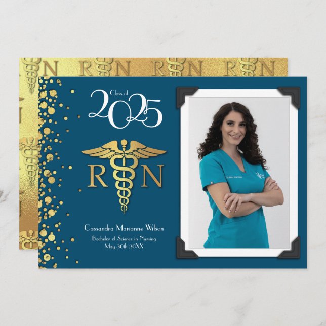 Nursing Gold Graduation Announcement Navy Blue (Front/Back)