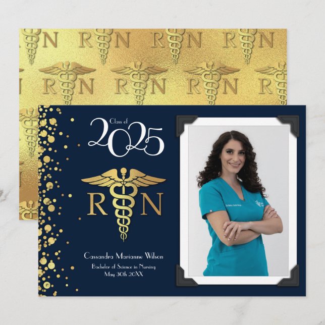Nursing Gold Graduation Announcement Navy Blue (Front/Back)