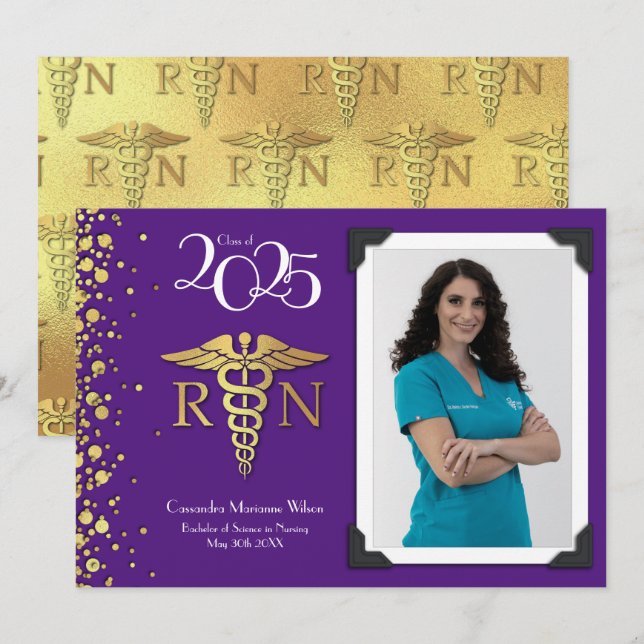 Nursing Gold Graduation Announcement Purple (Front/Back)