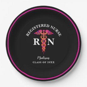 Nursing Graduation Black Hot Pink Party Monogram Paper Plate